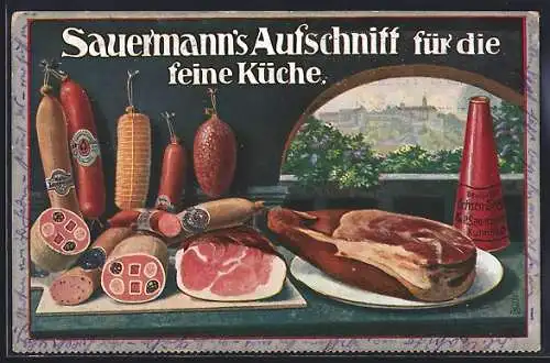 Künstler-AK Kulmbach, Reklame für die Fleischerei H. & P. Sauermann A. G.