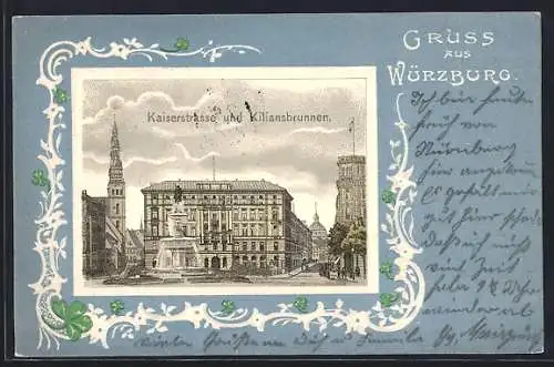 Präge-AK Würzburg, Kaiserstrasse und Kiliansbrunnen im Kleeblatt-Passepartout