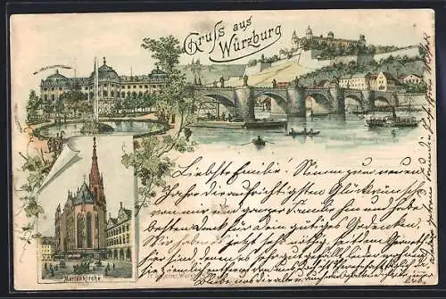 Lithographie Würzburg, Marienkirche, Residenz und Flusspartie