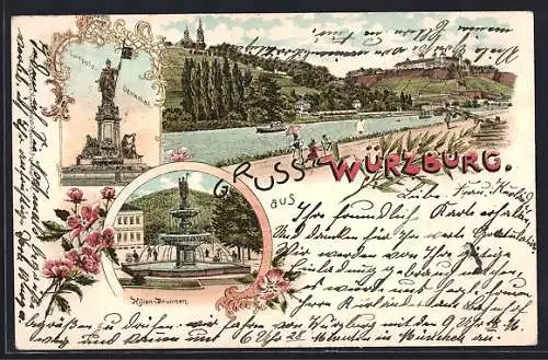 Lithographie Würzburg, Luitpold-Denkmal, Kilian-Brunnen und Flusspartie