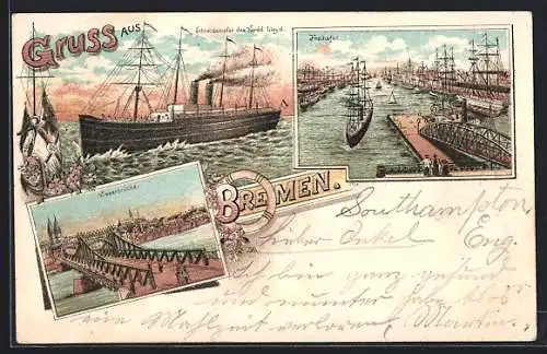 Lithographie Bremen, Weserbrücke, Freihafen, Schnelldampfer d. Nordd. Lloyd