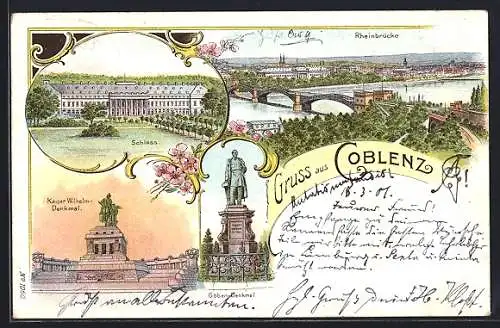 Lithographie Coblenz, Schloss, Kaiser Wilhelm-Denkmal, Göben-Denkmal und Rheinbrücke