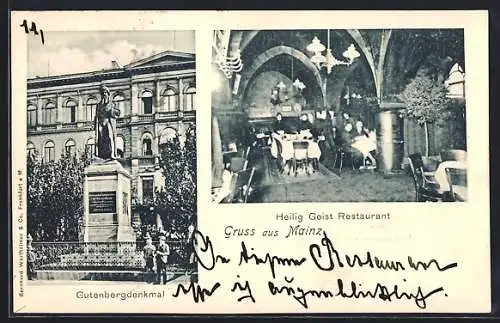 AK Mainz, Heilig Geist Restaurant, Partie am Gutenbergdenkmal