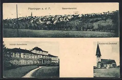 AK Plieningen a. d. F., Schloss Hohenheim, Kirche mit Denkmal, Gesamtansicht