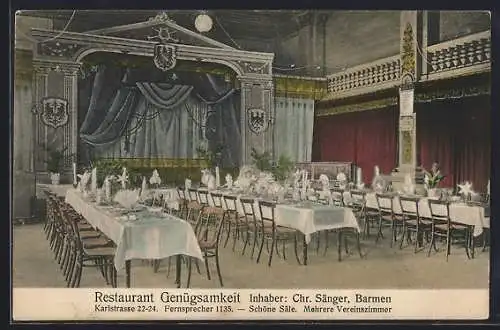 AK Barmen, Restaurant Genügsamkeit v. Chr. Sänger, Karlstrasse 22-24, Festsaal