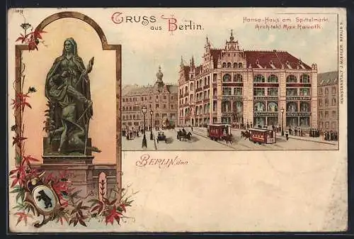 Lithographie Berlin, Hansa-Haus am Spittelmarkt, Denkmal der heiligen Gertrug