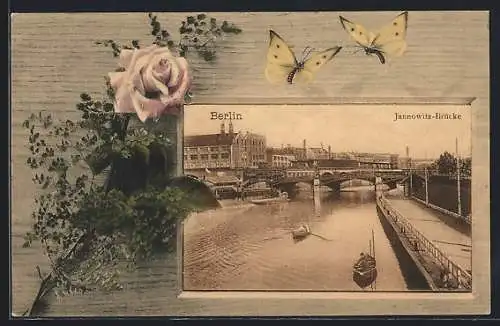 AK Berlin, Die Jannowitz-Brücke im floralen Passepartout