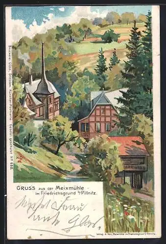 Lithographie Dresden-Pillnitz, Gasthaus Meixmühle im Friedrichsgrund