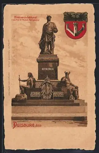 Künstler-AK Duisburg, Ansicht vom Bismarckdenkmal, Stadtwappen