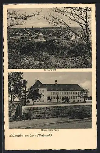 AK Weisenheim am Sand, Neues Schulhaus und Teilansicht aus der Vogelschau