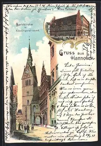 Lithographie Hannover, Altes Rathaus, Marktkirche und Köbelingerstrasse