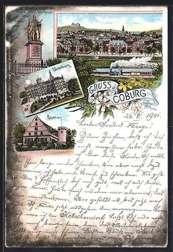 Lithographie Coburg, Rosenau, Ehrenburg, Prinz Albert-Denkmal, Totalansicht