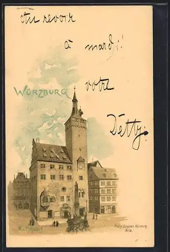 Lithographie Würzburg, Partie am Rathaus