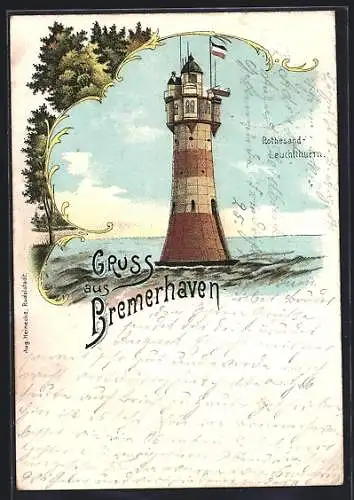 Lithographie Bremerhaven, Rothesand-Leuchtturm mit Reichsflagge