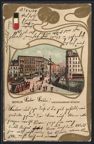 Passepartout-Lithographie Berlin, Pferdebahn auf der Weidendammer-Brücke, Jugendstil-Passepartout