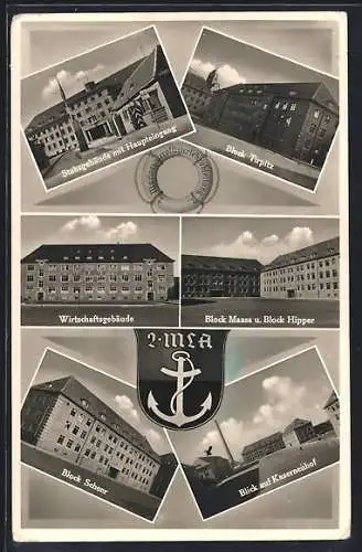 AK Wilhelmshaven, Unsere Kasernen, Stabsgebäude mit Haupteingang, Block Tirpitz, Wirtschaftsgebäude