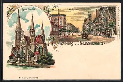 Lithographie Berlin-Schöneberg, Apostel Pauluskirche, Abendstimmung in der Hauptstrasse