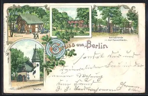 Lithographie Berlin, Truppenübungsplatz, Schiessstände in der Hasenheide, Kantine, Wache