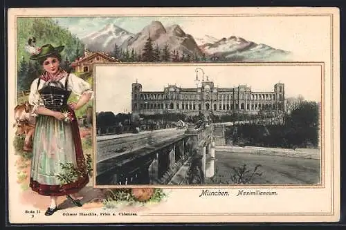 Passepartout-Lithographie München-Haidhausen, Maximilianeum, Frau in Tracht