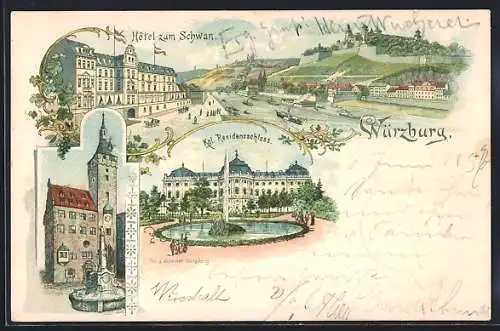 Lithographie Würzburg, Hotel zum Schwan, Kgl. Residenzschloss, Ortsansicht