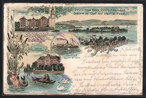 Lithographie Insel Mainau / Bodensee, Schloss, Schlosshof, Dampfer Kaiser Wilhelm, Nixe, Schwäne, Spruch, Gedicht