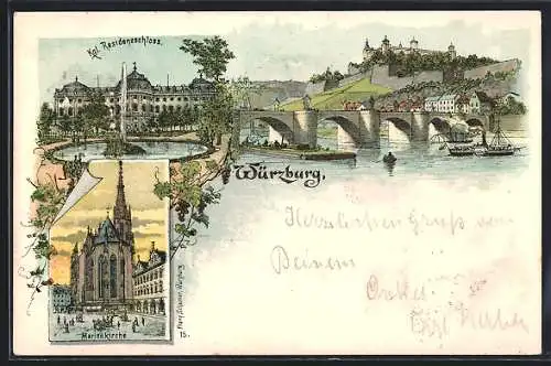 Lithographie Würzburg, Kgl. Residenzschloss, Marienkirche, Befestigungsanlagen