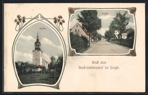 AK Grosswaltersdorf / Erzgebirge, Blick auf die Kirche, Strassenpartie