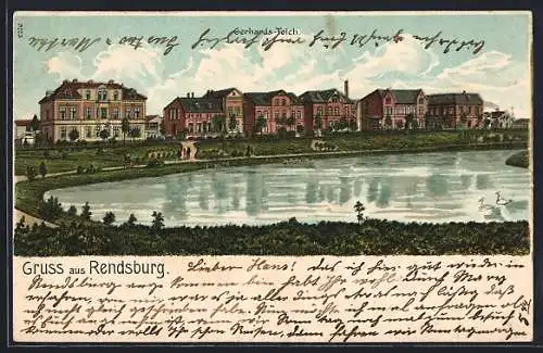 Lithographie Rendsburg, Partie am Gerhardsteich mit Blick auf Häuserreihe