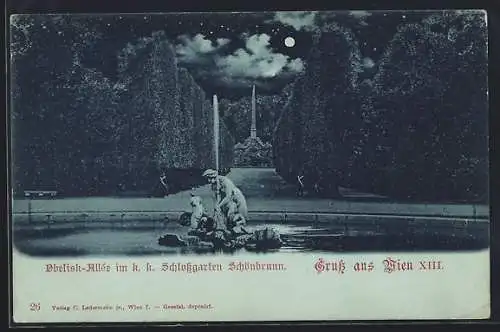 Mondschein-AK Wien, Schlossgarten Schönbrunn, Obelisk-Allee vom Wasserbecken aus, mit Zierbrunnen