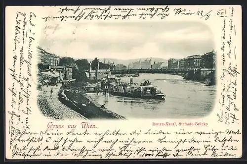 AK Wien, Donau-Kanal mit Dampfschiff und Stefanie-Brücke