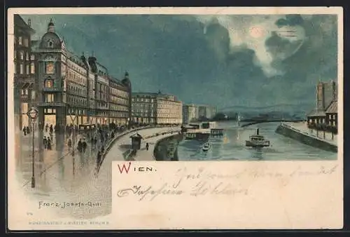 Lithographie Wien, Franz-Josefs-Quai mit Donau und Bergpanorama