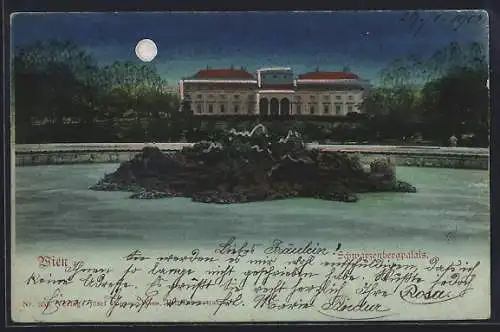 AK Wien, Schwarzenbergpalais bei Vollmond, vom Wasserbecken gesehen