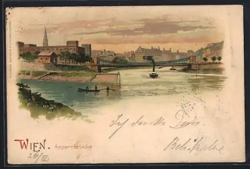 Lithographie Wien, Blick zur Aspernbrücke, Dampfer, Ruderboote