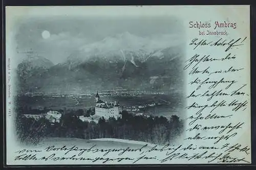 Mondschein-AK Innsbruck, Schluss Ambras mit Innsbruck und Bergpanorama aus der Vogelschau