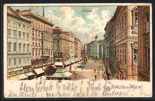 Lithographie Wien, Strassenpartie am Graben von oben gesehen