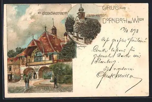 Lithographie Dornbach bei Wien, Gasthaus Die güldene Waldschnepfe, St. Anna-Kapelle