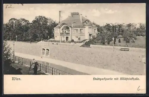 AK Wien, Stadtparkpartie mit Milchtrinkhalle, vom Kanal aus gesehen, Uferpromenade, Mauer