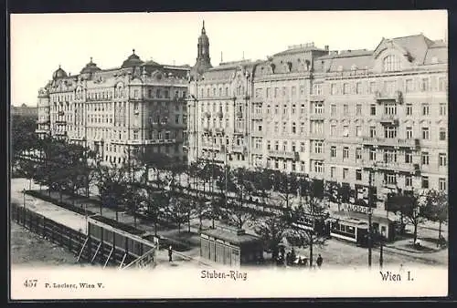 AK Wien, Stuben-Ring mit Strassenbahn und Häuschen aus der Vogelschau