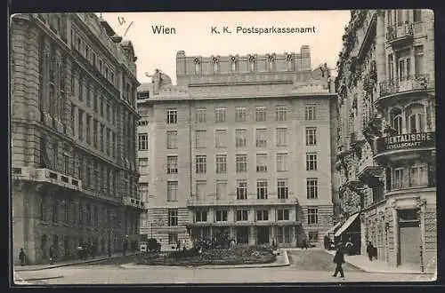 AK Wien, K. K. Postsparkassenamt mit Strasse u. Anlage