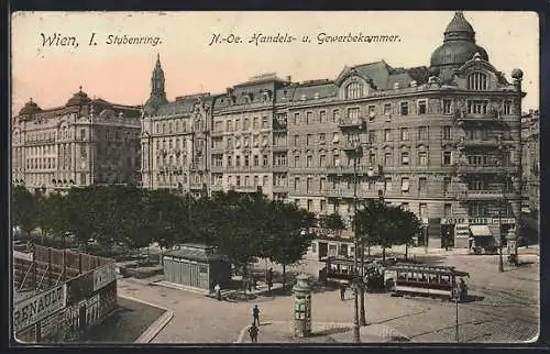 AK Wien, Stubenring mit Handels- u. Gewerbekammer aus der Vogelschau, Strassenbahn, Litfasssäule