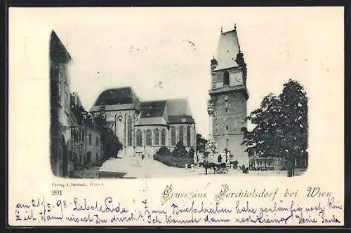 AK Perchtoldsdorf bei Wien, Strassenpartie mit Kirche, Turm und Denkmal