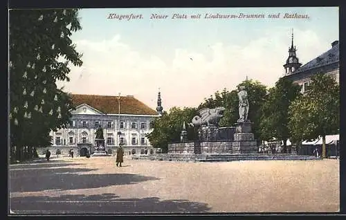 AK Klagenfurt, Neuer Platz mit Lundwurm-Brunnen und Rathaus