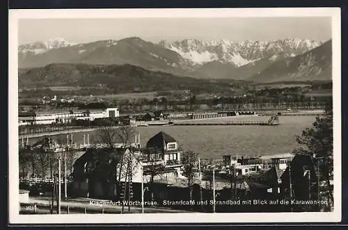 AK Klagenfurt /Wörthersee, Strandcafé und Strandbad mit Blick auf die Karawanken