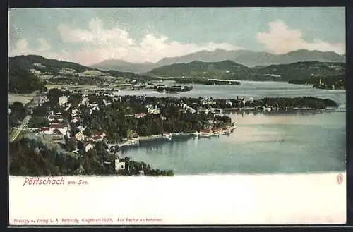 AK Pörtschach am See, Totalansicht gegen die Berge