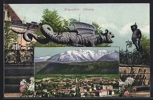 AK Klagenfurt, Gesamtansicht u. Drachenskulptur