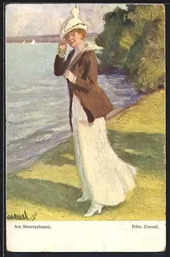 Künstler-AK Edward Cucuel: Elegante Dame am Meeresstrand