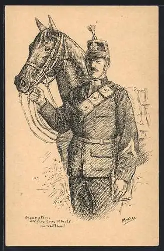 Künstler-AK Occupation des frontières 1914-15, Mitrailleur