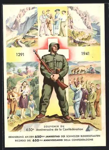 Künstler-AK Schweiz, 650ter Jahrestag der Schweizer Bundesstaaten, Soldat mit Gewehr, Frau mit Kindern