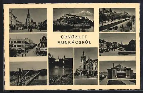 AK Munkács, Kirche, Brücke, Strassenpartie