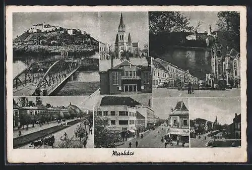 AK Munkács, Kirche, Brücke, Strassenpartie